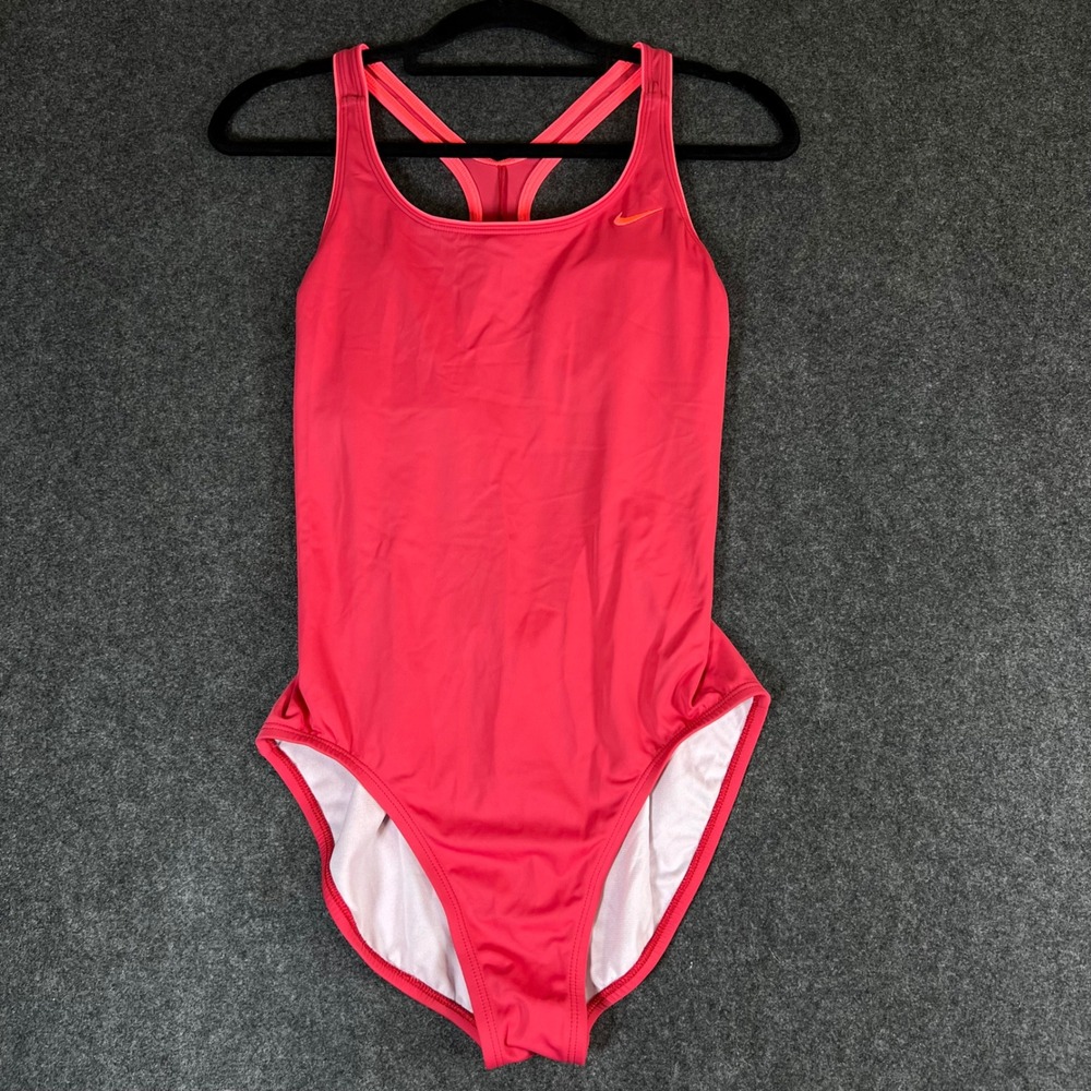 Nike Womens Racerback One Piece Swimsuit Coral Pink Embroidered Swoosh Large